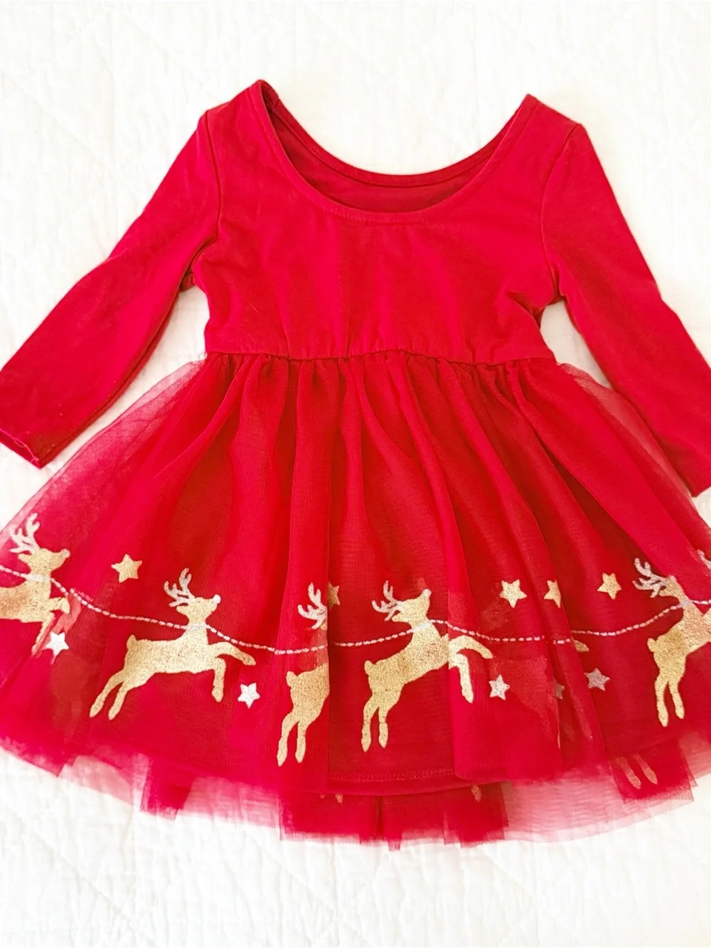 Zunie Kids 2T Red Tulle Reindeer Party Dress with Gold Trim